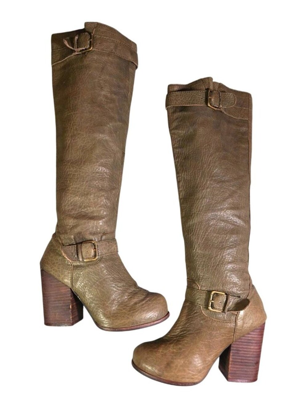 Jeffery Campbell Y2K Chunky Green Tall Leather Buckle Wood Block Heel Boots Sz 8